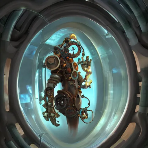 Prompt: transparent glass giant tube with a baby embryo inside, steampunk glass chamber, glass wires plugin to the transparent clone tube, human embryo, giant embryo tube, creature embryo, bright masterpiece artstation. 8 k, sharp high quality artwork in style of jose daniel cabrera pena and greg rutkowski, concept art, blizzard warcraft artwork, hearthstone artwork