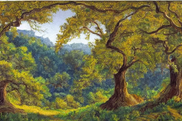 Prompt: masterpiece painting of oak trees on a hillside overlooking a creek, by marion wachtel