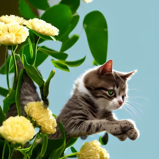 Prompt: a professional photograph of a tiny cat climbing a giant flower, high quality, highly detailed, cute, HD, 8K