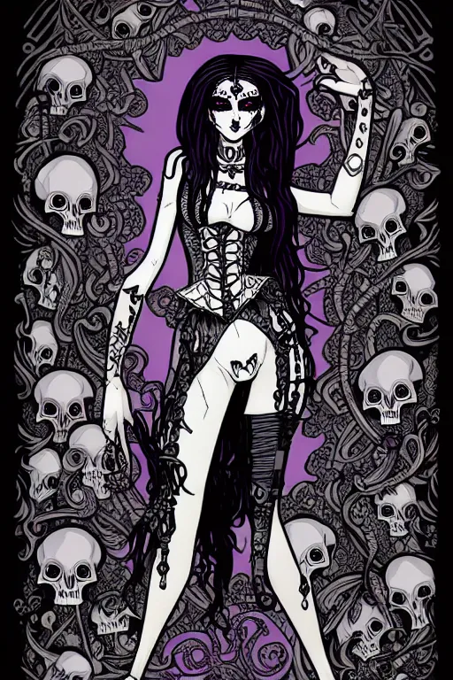 Image similar to fantasy comic style full body portrait of a gothic fairy surrounded by skulls and mushrooms, in the style of wendy pini and Æon Flux, intricate, fine inking lines, extremely detailed, flat colors
