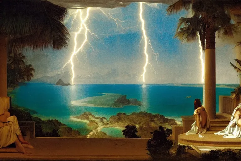 Image similar to From inside of the palace, refracted lightnings on the ocean, thunderstorm, greek pool, beach and Tropical vegetation on the background major arcana sky and occult symbols, by paul delaroche, hyperrealistic 4k uhd, award-winning, very detailed paradise