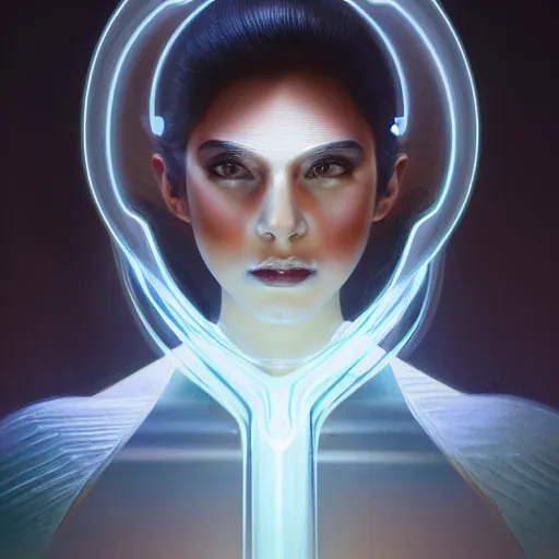 Image similar to head and shoulders portrait of modern darna, glowing translucent hologram of an ai woman, intricate, elegant, dark vibes, highly detailed, digital painting, artstation, glamor pose, concept art, smooth, sharp focus, illustration, art by wlop, mars ravelo and greg rutkowski