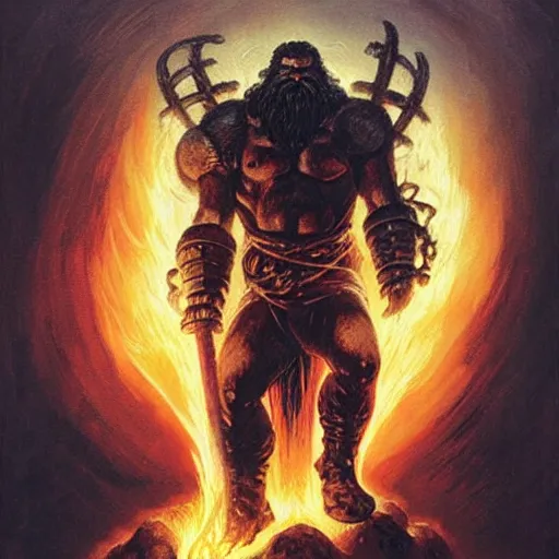 Image similar to head and shoulders portrait of a black helmed fire giant with a beard of fire and a giant sword, d & d, fantasy, greg rutkowski, frank frazetta, alexandre chaudret, boris vallejo, michael whelan, miro petrov, hr giger, magali villeneuve, donato giancola