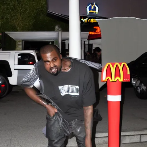 Image similar to kanye west shouting and screaming frantically at mcdonalds drive trough employee