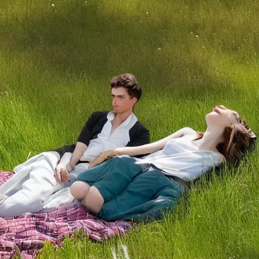 Prompt: a young man and woman sitting on green long grass on a picnic blanket on a hot summers day, john singer sargent style, 4 k, beautiful, elegant, modern