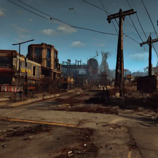 Image similar to Albuquerque, New Mexico in ruins post-nuclear war in Fallout 4, in game screenshot