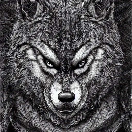 Prompt: pen line werewolf highly detailed crisp illustration art by ron spencer