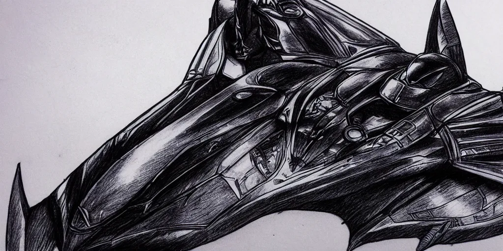 Image similar to ballpoint pen drawing of the batmobile, batman, arkham knight