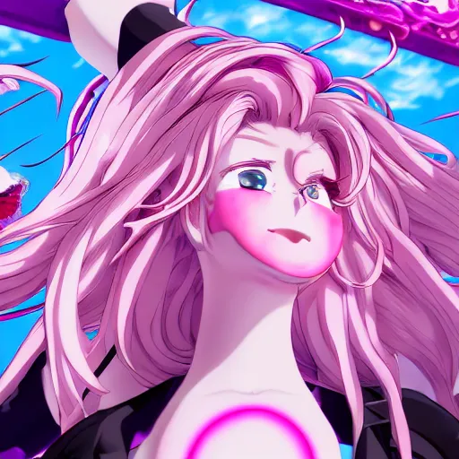 Image similar to omnipotent megalomaniacal anime goddess who looks like junko enoshima with symmetrical perfect face and porcelain skin, pink twintail hair and cyan eyes, looking down upon the viewer and taking control while smiling, mid view from below her feet taken in an extremely low angle, hyperdetailed, digital art, unreal engine 5, 2 d anime style, 8 k