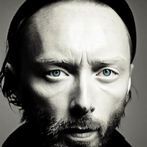 Prompt: Thom Yorke, Thom Yorke, Thom Yorke, with a beard and a black jacket, a portrait by John E. Berninger, dribble, neo-expressionism, uhd image, studio portrait, 1990s