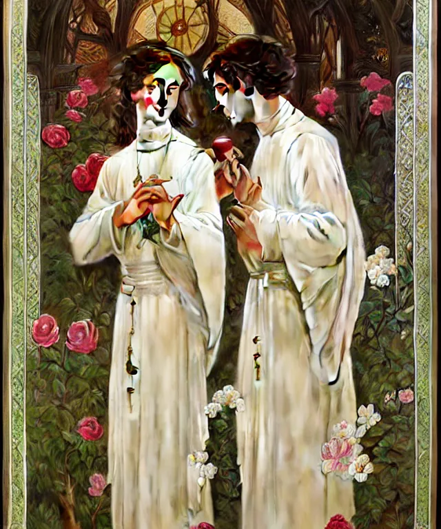 Image similar to two beautiful young catholic priests are in love in the church garden of roses, portrait, intricate, elegant, highly detailed, 20mm film, smooth, sharp focus, art by artgerm and greg rutkowski and alphonse mucha