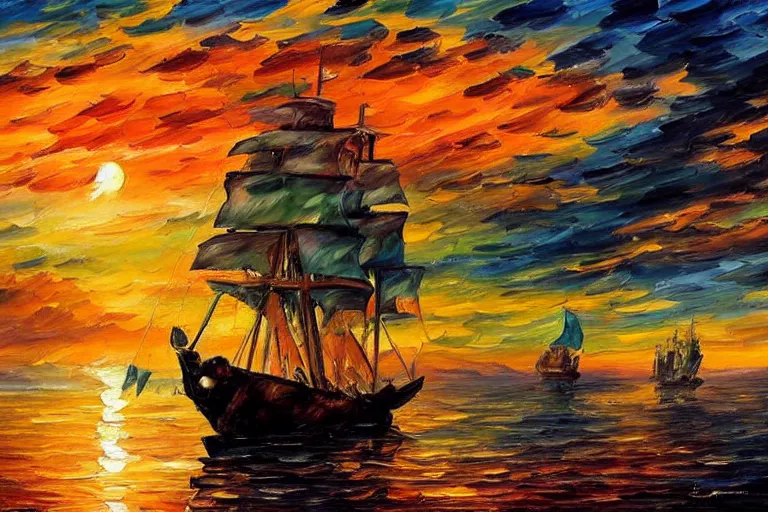 Prompt: a pirate ship anchoring at an island, golden hour, leonid afremov, clear skies, serenity, detailed