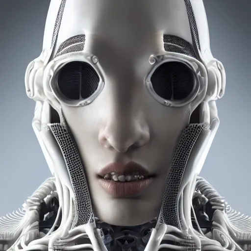 Prompt: a ultradetailed portrait of a white one cast futuristic biomechanic cyborg with mechanical elements for face, carbon fibre and nanotube elements, futuristic, 8 k, dramatic light, digital painting by hr giger, octane render