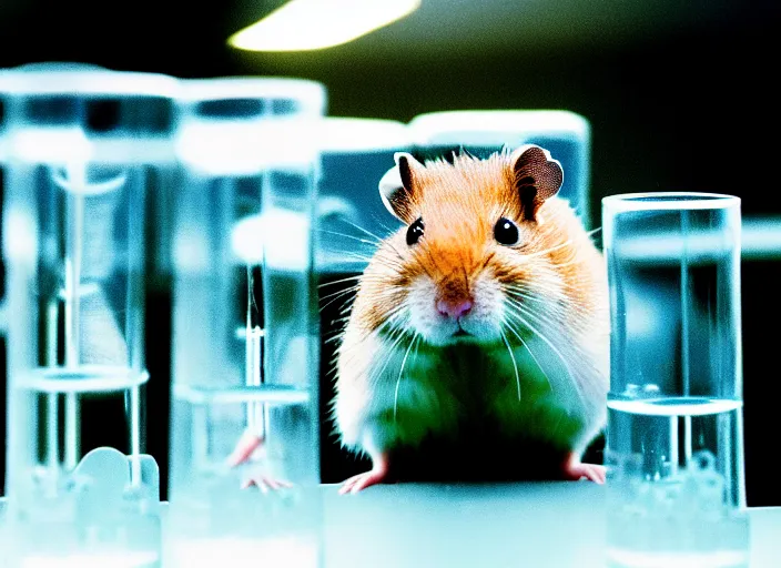 Image similar to film still of a hamster working in a research lab filling test tubes, 8 k