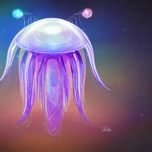 Prompt: design of a cute damaged spaceship shaped like a mechanical jelly fish flying in hyperspace, beautiful clear detailed 8k digital art, final render