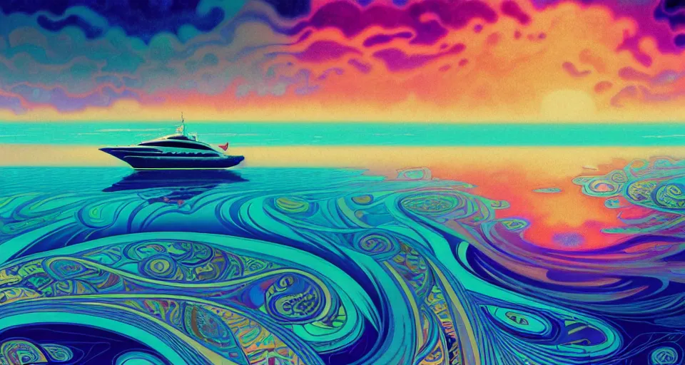 Prompt: [ palate ] [ muted colors ] crazy psychedelic ocean, luxury yacht crossing the ocean, paisley swirls and ripples, backlit, sunset, refracted lighting, outdoors, paisley pattern, elegant, 8 k resolution, intricate and fine details, digital painting, artstation, illustration, psychedelic ocean art, krenz cushart, alphonse mucha
