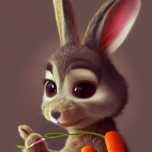 Image similar to portrait of a incredibly cute bunny, eating a carrot, zootopia, cgi, blade runner, cyberpunk background, trending on artstation