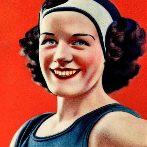 Image similar to a 1 9 3 0 s portrait. happy, healthy, beautiful, smiling, young, sporty, glowing woman in decent athletic wear. hyper - realistic detailed color drawing