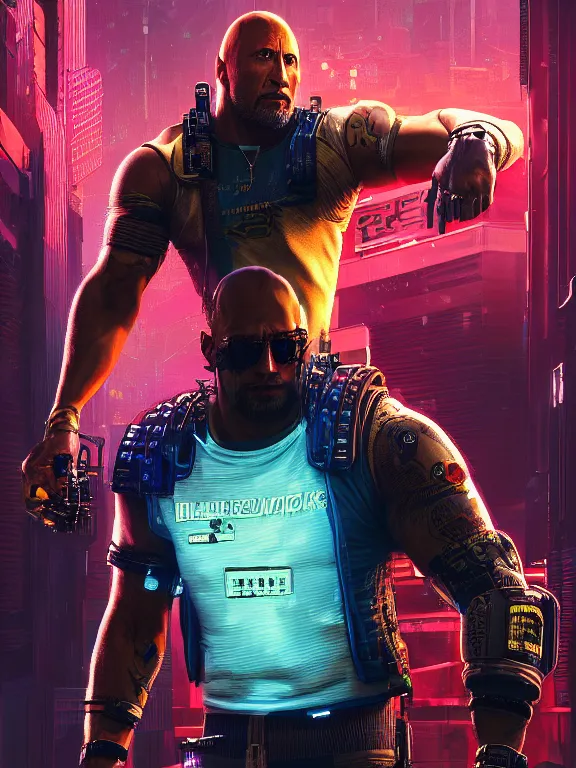 Image similar to a cyberpunk 2077 portrait of Dwayne Johnson put his arms around a female android , complex mess of cables and wires behind them connected to giant computer, love,film lighting, by laurie greasley,Lawrence Alma-Tadema,William Morris,Dan Mumford, trending on atrstation, full of color, highly detailed,8K, octane, Digital painting,golden ratio,cinematic lighting