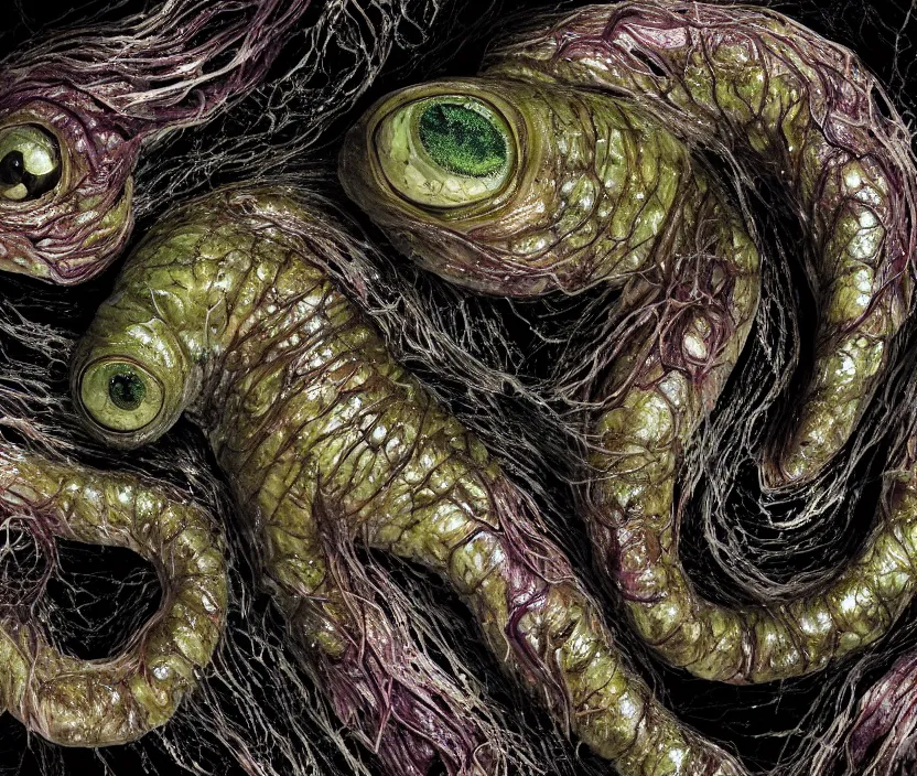 Image similar to a high resolution photo of a complex slimey creature nature forest, grown together various animal eyes, computer veins wrinkles, cracked plastic wrap, gills morph scales merged in fur skin, wrinkled muscles skin, veins merged feet head, displacement, black hole, distorted animal head face eyes arms tail