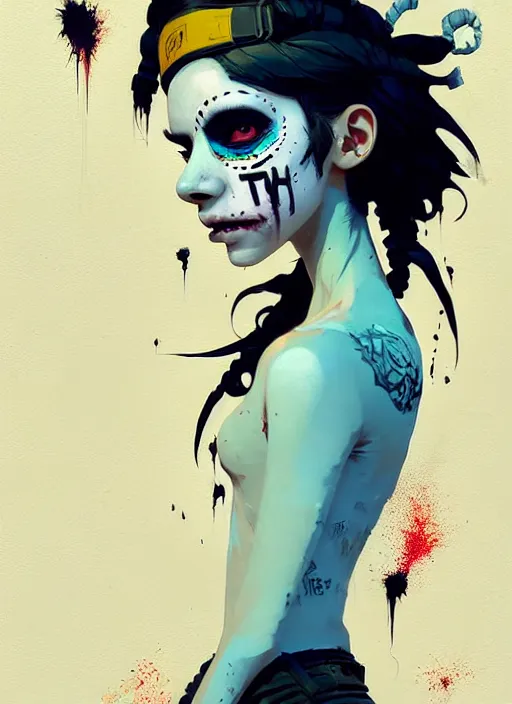 Image similar to highly detailed portrait of a sewer punk student lady with white graffiti face paint by atey ghailan, james gilleard, by joe fenton, by greg rutkowski, by greg tocchini, by kaethe butcher, 4 k resolution, gradient yellow, black, brown and cyan color scheme, grunge aesthetic!!! ( ( dystopian graffiti tag wall in background ) )