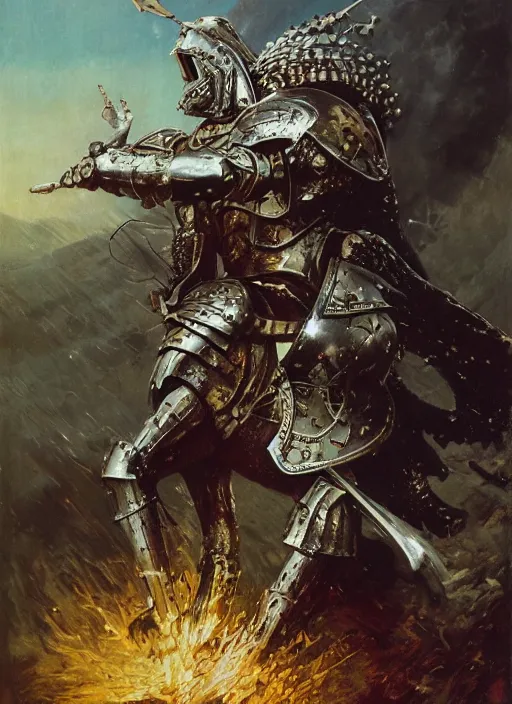 Image similar to gary busey as knight in armour, dynamic action, by lawrence alma - tadema and zdzislaw beksinski and norman rockwell and jack kirby and tom lovell and greg staples, artstation creature art