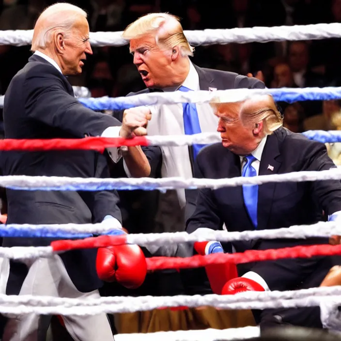 Image similar to joe biden and donald trump boxing match in ring, detailed sharp photo