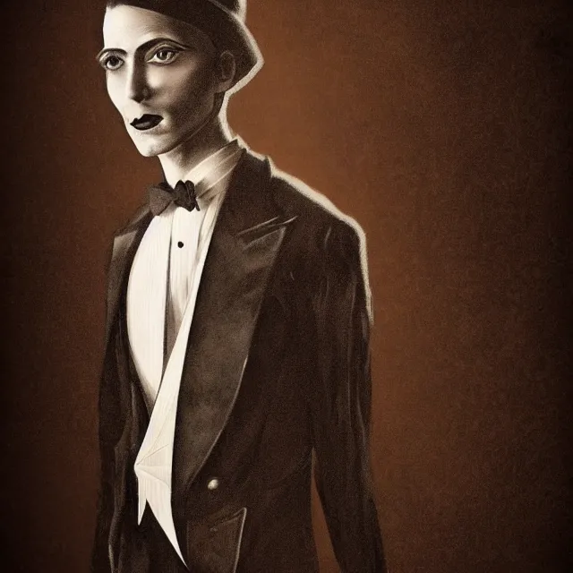 Prompt: photorealistic sepia portrait of a 1 9 2 0 s era male magician, well dressed, long - tailed tuxedo coat, in the style of kai carpenter, atmospheric lighting, dark, brooding, painted, intricate, ultra detailed, well composed, best on artstation, cgsociety, epic, stunning, gorgeous, intricate detail, much wow, masterpiece