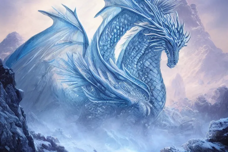 Image similar to Ice Dragon on a beautiful fantasy landscape, mountainside, winter, moonlit, HD, illustration, epic, D&D, fantasy, intricate, elegant, highly detailed, digital painting, artstation, concept art, smooth, sharp focus, illustration, wallpaper, art by artgerm and greg rutkowski and alphonse mucha and jin xiaodi