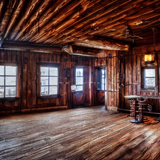 Image similar to Empty Old West Saloon at the break of day, dust particles in the air, god beams coming through the windows, hyper realistic, HD, DLSR Camera, Rococo style