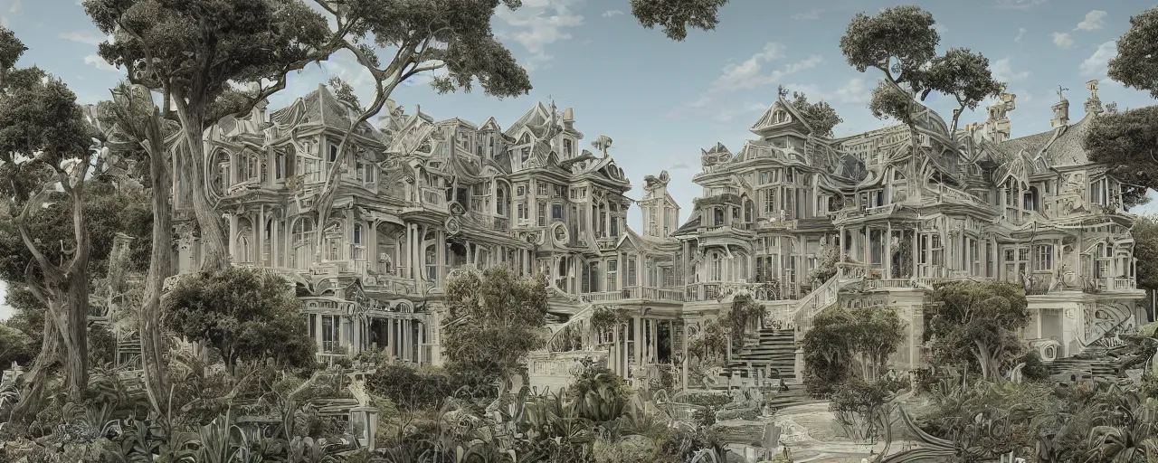 Prompt: a mansion on the seaside designed by James Jean, photorealistic