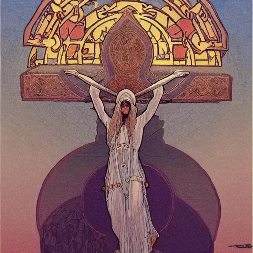 Image similar to a spiritual cross on top of a holy mountain, Mucha, Moebius, Mohrbacher