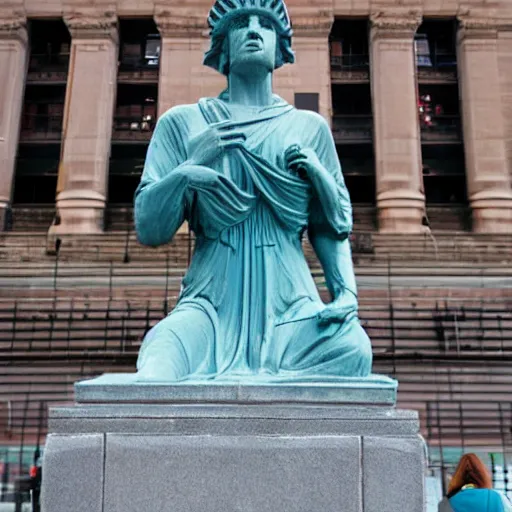 Image similar to liberty statue sitdown pose, new York background, very convincing