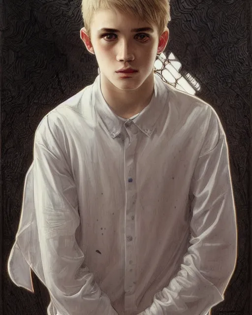 Prompt: portrait a 1 5 - year - old boy, with slender, white - blond hair, cold grey eyes, a pale complexion with sharp and pointed features, wearing black clothes, hyper realistic face, beautiful eyes, close up, fantasy art, in the style of greg rutkowski, intricate, alphonse mucha, hyper detailed, smooth