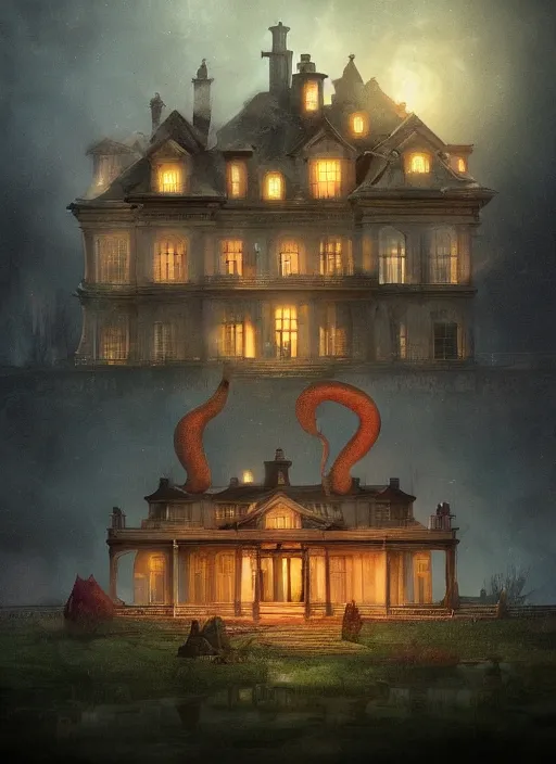 Image similar to glowing mansion in burning vapor dramatic lighting, artstation, glowing giant squid destroying the mansion, matte painting, alexander fedosav, alexander jansson