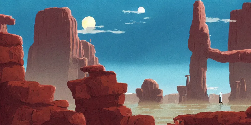 Image similar to a realistic cell - shaded studio ghibli concept art from paprika ( 2 0 0 6 ) of a tan dolphin from close encounters of the third kind ( 1 9 7 7 ) in a flooded monument valley stonehenge. very dull colors, wide shot, hd, 4 k, hq