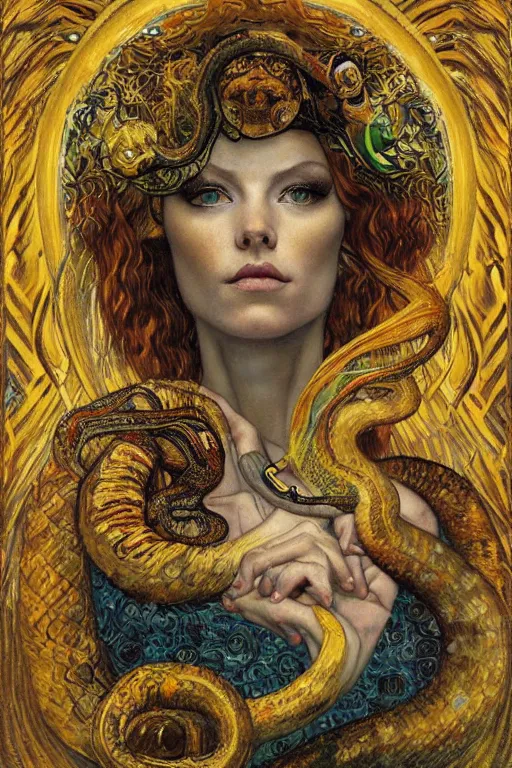 Prompt: Rebirth by Karol Bak, Jean Deville, Gustav Klimt, and Vincent Van Gogh, mysterious portrait of a sacred serpent, Surreality, radiant halo, shed iridescent snakeskin, otherworldly, fractal structures, celestial, arcane, ornate gilded medieval icon, third eye, spirals