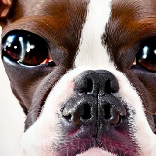 Prompt: close up of Boston Terrier dog smoking a joint with big crazy eyes high detail