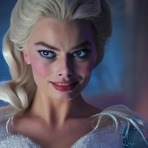 Image similar to Margot Robbie as Elsa in disney frozen live action, 8k full HD photo, cinematic lighting, anatomically correct, oscar award winning, action filled, correct eye placement,