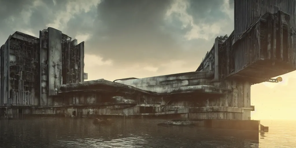 Prompt: an extremely detailed building, brutalist architecture, titanic in size, surrounded by lush green forest and murky ponds of water, stunning volumetric lighting, sunset, rusted steel, smooth solid concrete, stunning skies, trending on Artstation, 8k, photorealistic, hyper detailed, unreal engine 5, IMAX quality, cinematic, epic lighting, in the style of the game DOOM, by Greg Rutkowski