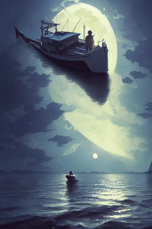 Image similar to a highly detailed matte painting of a fishing boat on lake under moon and stars by studio ghibli, makoto shinkai, by artgerm, by wlop, by greg rutkowski, volumetric lighting, cyberpunk, octane render, 4 k resolution, trending on artstation, masterpiece