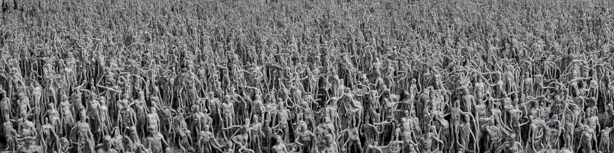 Prompt: hundreds of humans. A sea of humans. interconnected flesh. Crowdcrush. Many humans intertwined and woven together. Bodies and forms amesh. Extremely unsettling artwork. Screaming humans. The overall vibe is doom and despair. Sculpture by Alberto Giacometti.