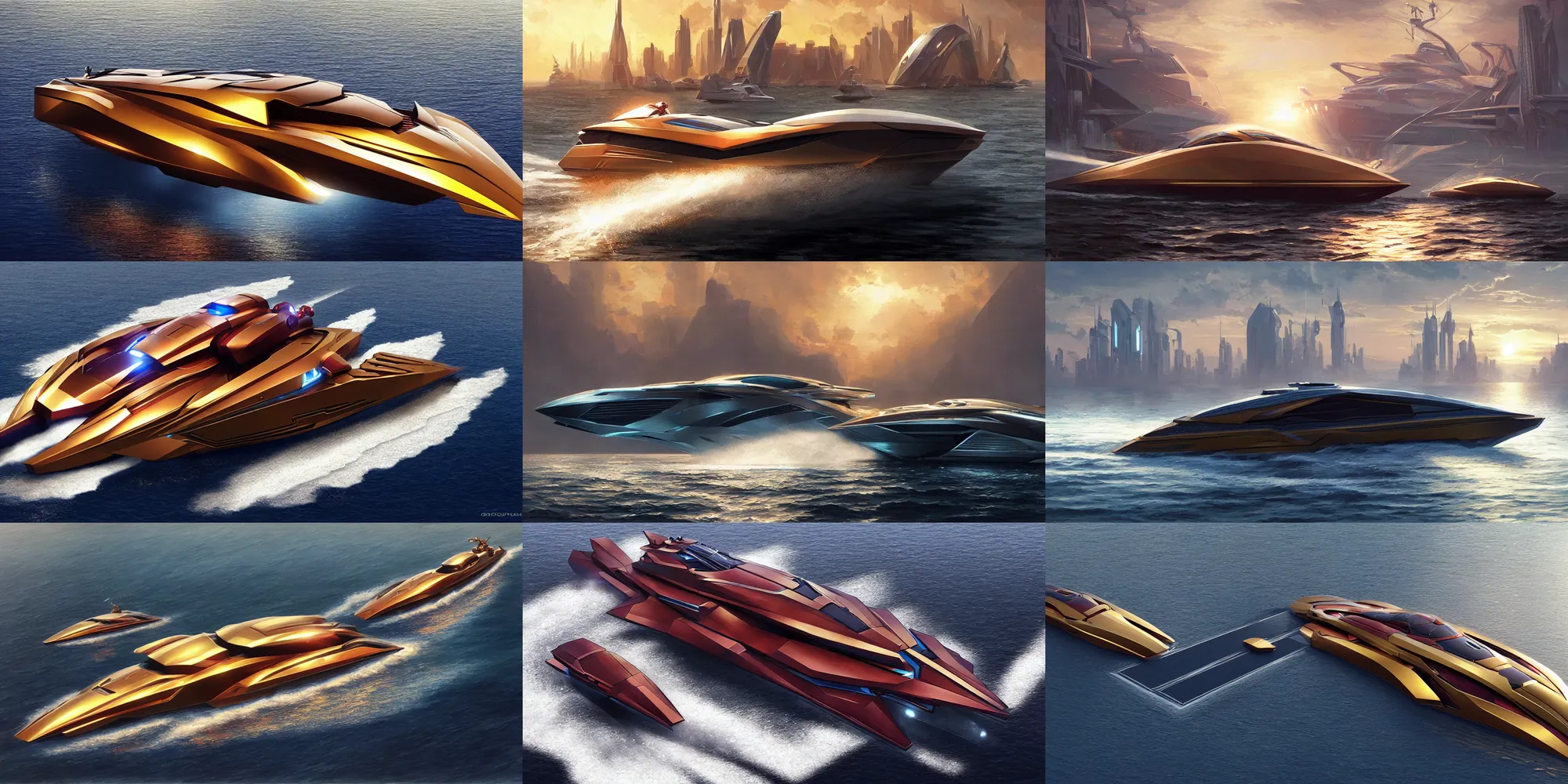 Prompt: an iron man concept yacht, cyberpunk speedboat, hex tile armor, ultra realistic, sci-fi, fantasy, smooth, intricate, highly detailed, golden hour, epic lighting, concept art, sharp focus, artstation, CGSociety, art by greg rutkowski, and syd mead