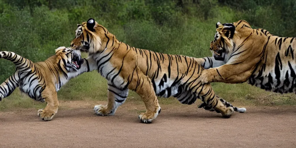 Image similar to a tiger and a man fighting, a lion approaches