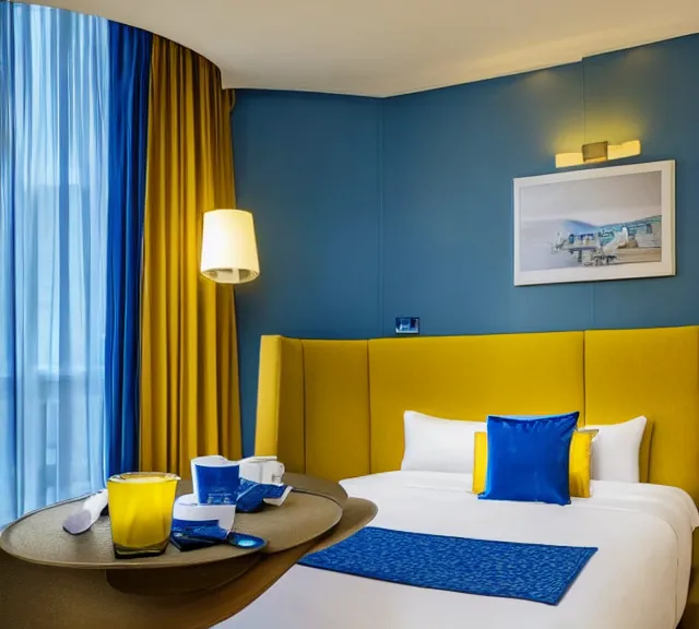 Prompt: a 4 k photorealistic photo hotel room picture of a luxury blue and yellow hotel room suite