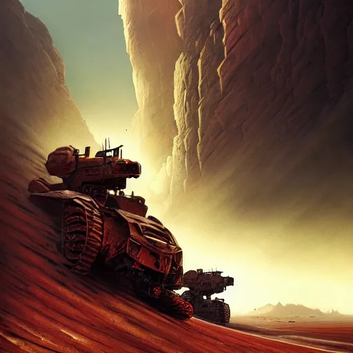 Prompt: battlemech, post - apocalyptic, high - tech, dynamic, powerful, wide shot, desert background, highly detailed, digital painting, artstation, concept art, sharp focus, illustration, art by artgerm and greg rutkowski and magali villeneuve, zdzisław beksinski, red brown and white color scheme