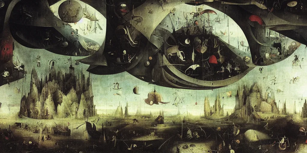 Prompt: the depths of a vast artificial world with massive towering pillars holding the ceiling of the landscape up, detailed, ruby coloration, energetic beings patrolling, extreme depth, hieronymus bosch and peder balke collaboration, godrays, colossal hovering machine automations of brutalist design visible in the foreground