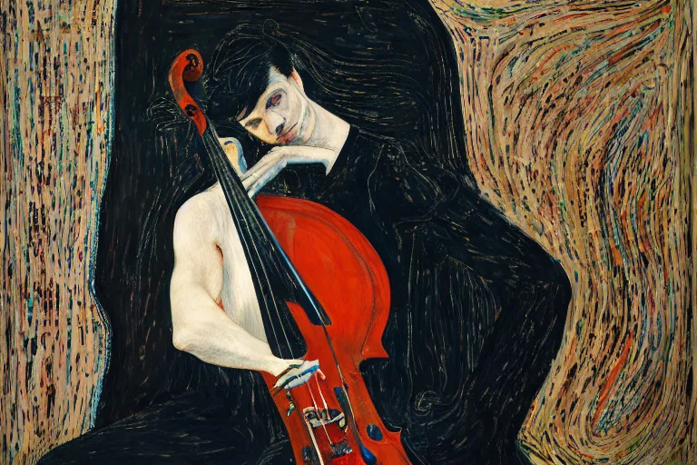 Image similar to portrait of a young cellist focusing with a background of hundreds of cellos by vincent lefevre and hernan bas and pat steir and hilma af klint, psychological, symmetrical face, dripping paint, rendered in octane, altermodern, masterpiece