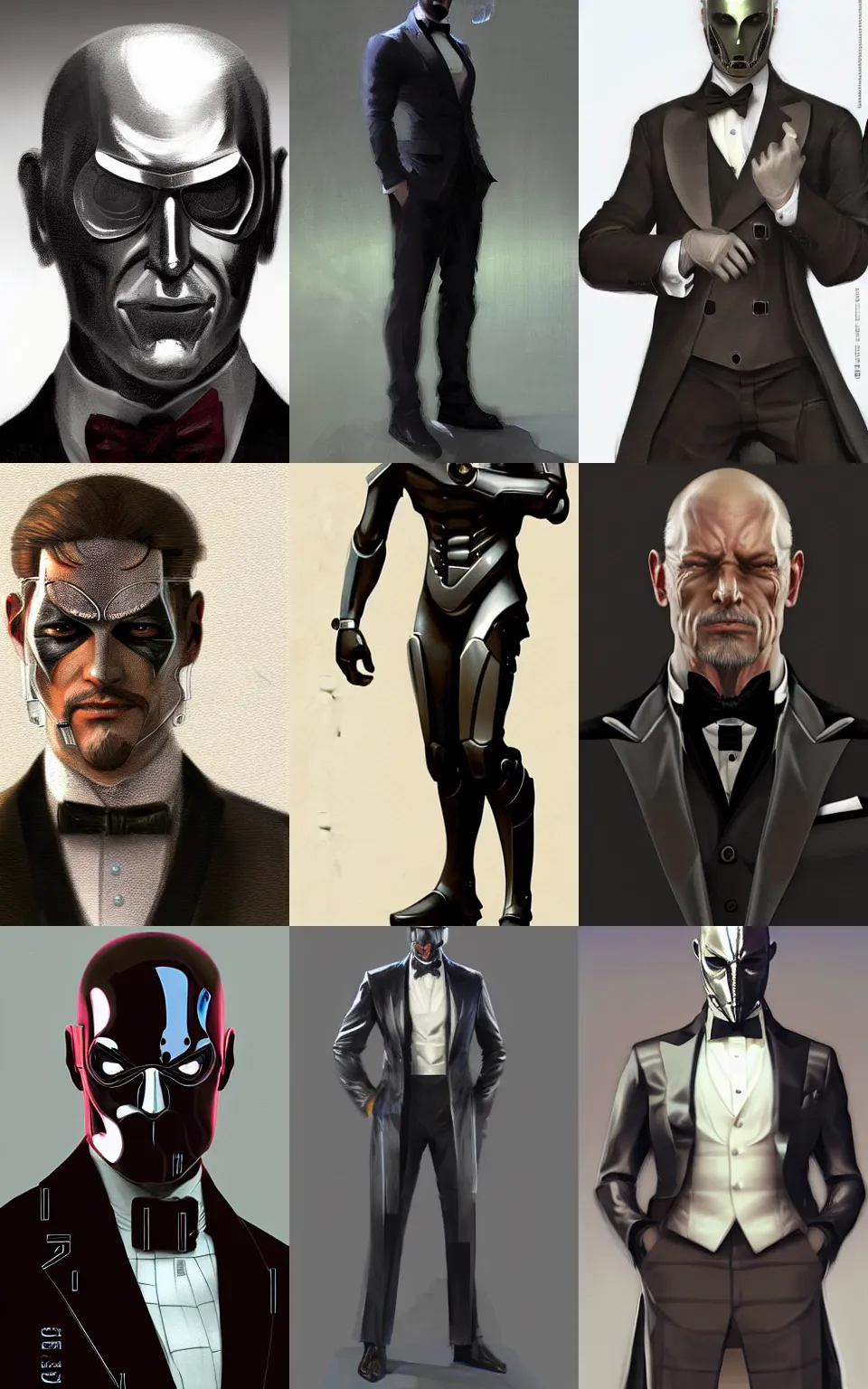 Prompt: character concept portrait, metal skinned man in a tuxedo, style digital painting, concept art, smooth, sharp focus, illustration, from metal gear, by ruan jia and mandy jurgens and william - adolphe bouguereau, artgerm