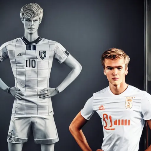 Image similar to a realistic detailed photo of a guy who is an attractive humanoid who is half robot and half humanoid, who is a male android, soccer player martin ødegaard, shiny skin, posing like a statue, blank stare, in a living room, on display, showing off his muscles, spiral eyes